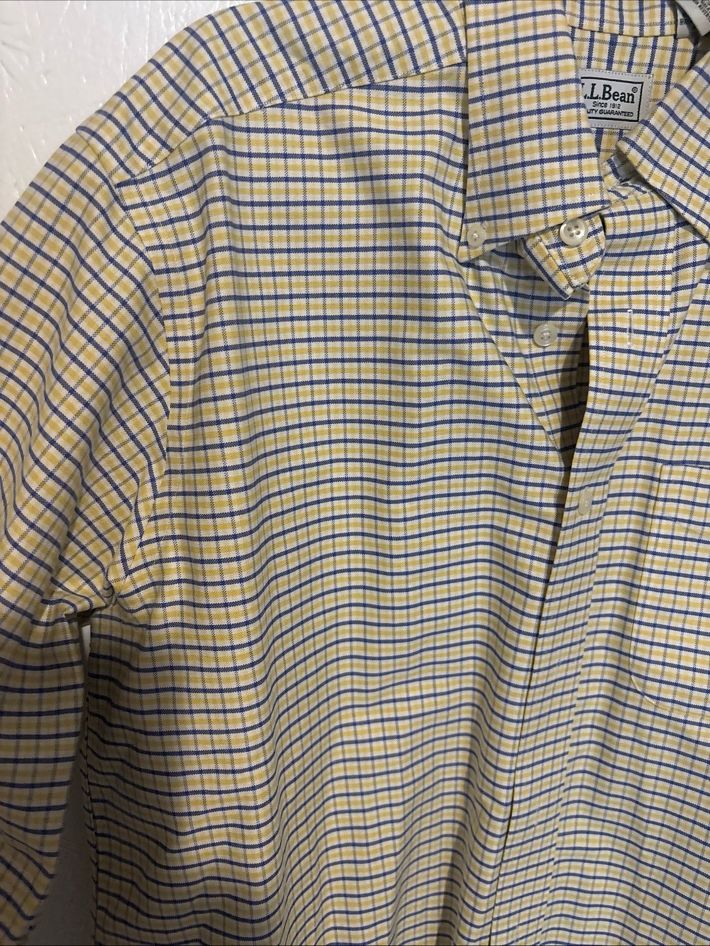 L.L. Bean Men's Tan and Blue Plaid Button-Down Shirt 16-36